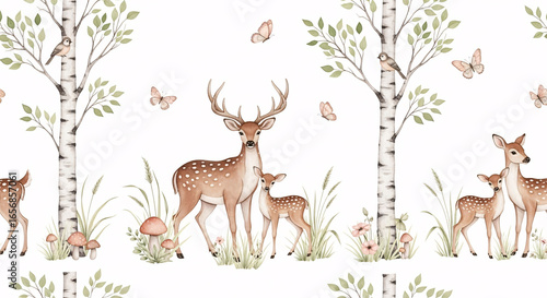 Watercolor woodland deer family illustration with butterflies, birch trees, birds, mushrooms and floral forest scene for nursery wall art and kids room decoration
