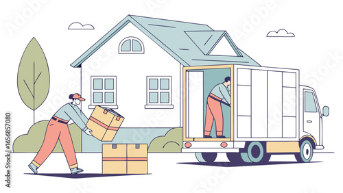 Two movers packing boxes, cheerful mood, loading truck outside a house, suburban background