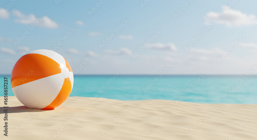 Obraz premium Serene Beach Scene: Orange and White Beach Ball on Sandy Shore, Turquoise Ocean, Sunny Day