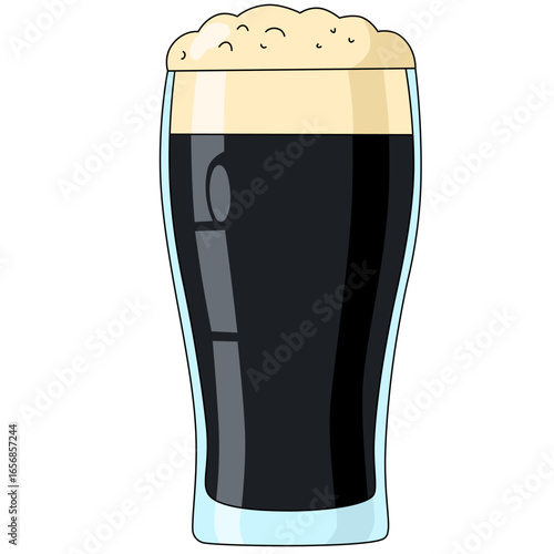 Glass of foamy craft dark beer. Vector illustration on white background