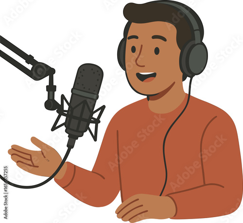 Podcast microphone with host talking, flat vector illustration on white background
