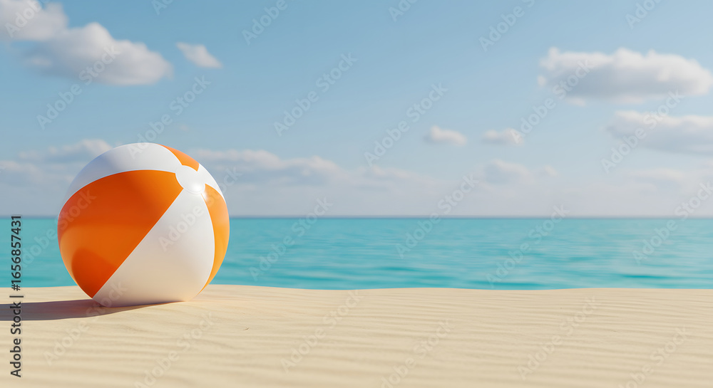 Obraz premium Serene Beach Scene: Orange and White Beach Ball on Sandy Shore, Turquoise Ocean, Sunny Sky