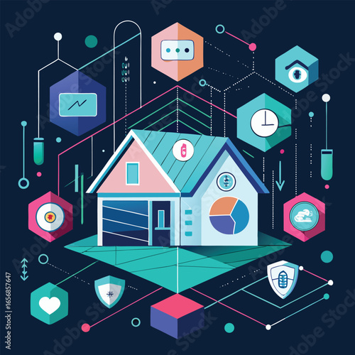 Smart home technology conceptualization with connected elements in a futuristic flat geometric illustration