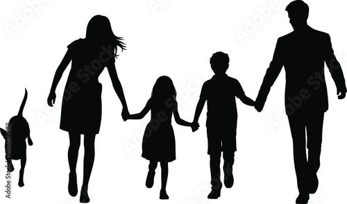 silhouette, family, walking, together, holding, hands, parents, children, dog, pet, outdoor, unity, love, 