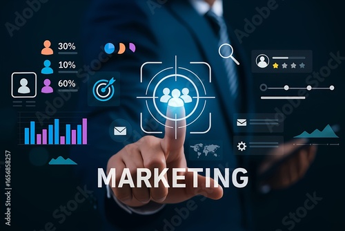 Audience Targeting and Market Analysis Concept – Businessman Pointing at Customer Icon on Digital Marketing Interface