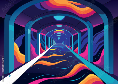 Immersive Futuristic Art Installation Hallway Background Design on white background