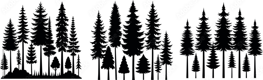 Obraz premium Christmas Tree Silhouettes & Pine Tree Icons – Forest Fir, Nature Trees, Decorated Holiday Tree Pictogram Set