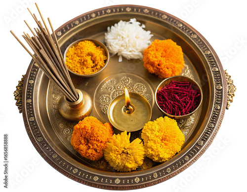 Traditional indian pooja thali with offerings and incense for spiritual rituals and ceremonies