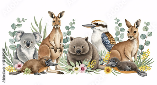 Watercolor Australian animals illustration with koala, kangaroo, wombat, platypus and kookaburra surrounded by eucalyptus leaves and native flowers
