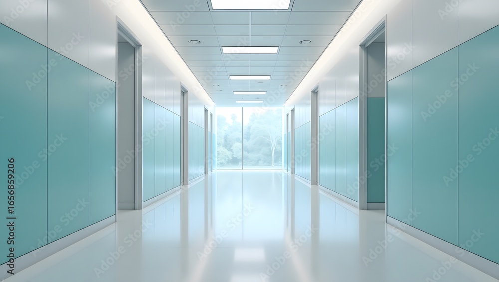 Fototapeta premium view of Clean clinic hallway with modern design.