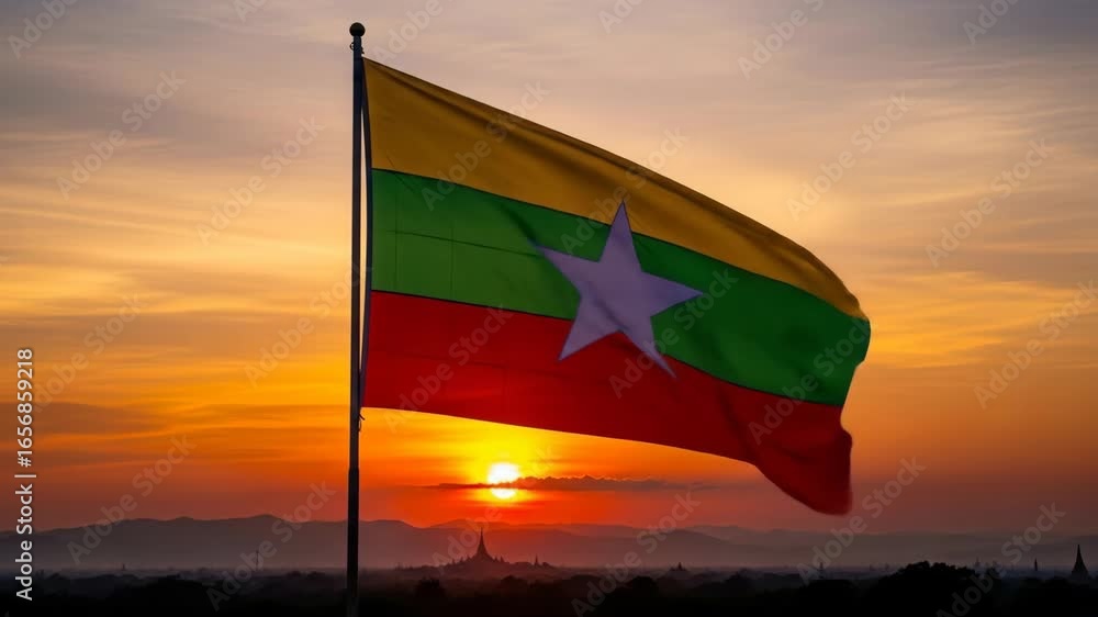 Myanmar Flag Waving at Sunset - The flag of Myanmar billows in the wind against a vibrant sunset. Silhouetted temples and mountains are visible in the distance, creating a dramatic and peaceful scene.