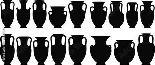 Elegant Black Silhouette Array of Ancient Greek Vases and Amphorae for History and Art Studies Illustration
