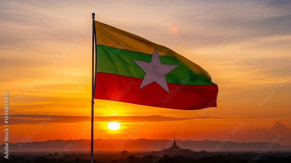 Myanmar Flag Waving at Sunset - The flag of Myanmar proudly waves against a vibrant sunset, with ancient temples silhouetted in the distance. The scene evokes a sense of patriotism and national pride.