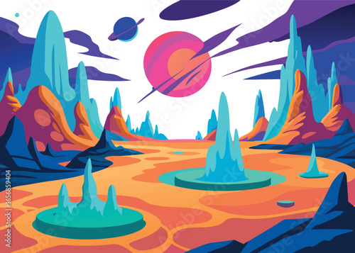 Surreal Alien Landscape Vector Design Bioluminescent Plants Vibrant Colors and Unusual Flora in a Fantasy World Illustration on