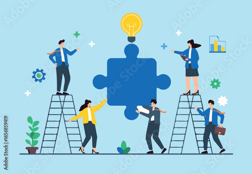 Flat illustration of team guiding large puzzle piece into place, symbolizing completing business strategy