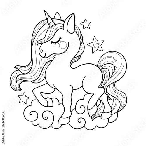Unicorn on clouds with stars. Black and white linear drawing. Isolated on white background. For children's design of coloring books, prints, posters, postcards, gag stickers, puzzles, etc. Vector illu