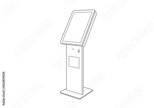 A outlined kiosk with touch screen cabinet and base