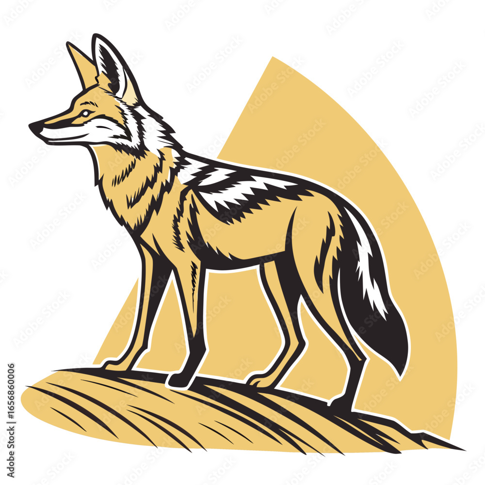 Fototapeta premium Standing jackal on a grassy mound with yellow background