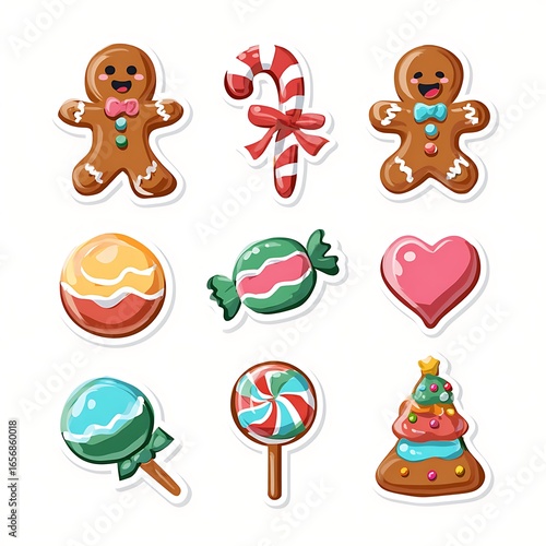 Two small candy cane-shaped Christmas ornaments on a green sweater background