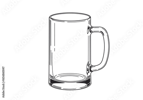 Line art of a transparent beer mug with a handle and a heavy base rendered in black ink on a white background