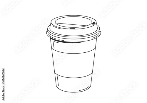 Line art of a togo coffee cup with a lid featuring a sleeve