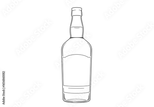 Line drawing of a bottle with a long neck and rectangular body set on a white background