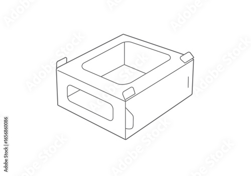Line drawing of a box with cutout handles and small tabs at the top corners