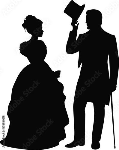 Victorian couple silhouette in elegant vintage attire, man tipping hat, woman in gown, historical fashion, retro romance, antique style, classic gentleman and lady illustration