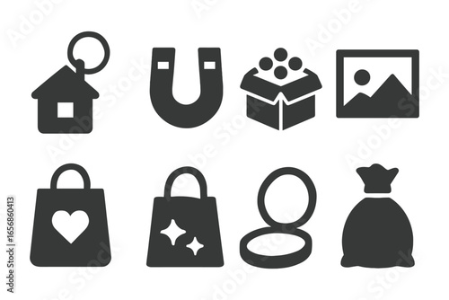Collection of Minimalist Black and White Icon Set Featuring House Keychain Magnet Open Box Shopping Bags and Makeup Compact