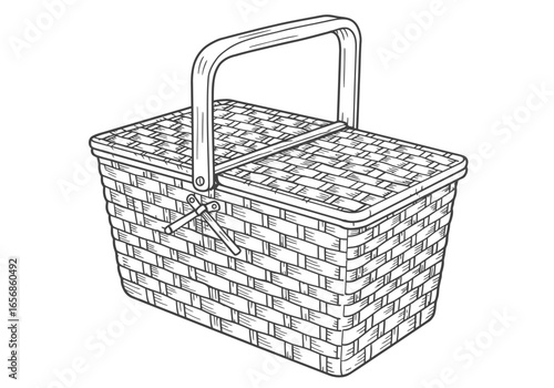 Woven basket with a handle and locking mechanism is depicted in a detailed blackandwhite line drawing