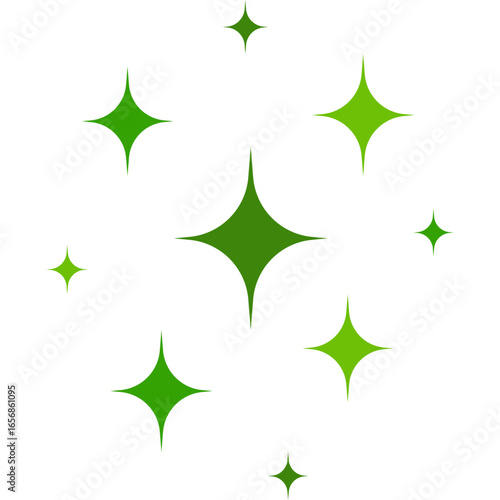 Set of green shining stars and sparkles. Vector illustration of twinkling light effects for a clean, fresh, or magical design concept.