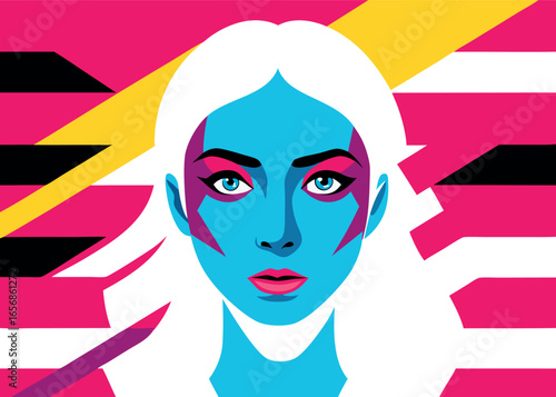 Frontal Portrait of a Woman s Face with a Cat Illustration Overlay in CMYK Colors and Simple Fonts