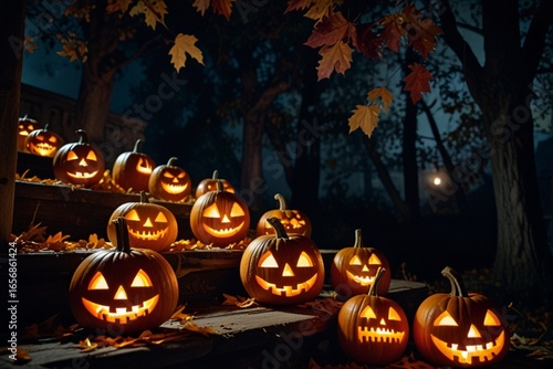 A row of carved pumpkins glowing with candles inside, placed on old wooden stairs, surrounded by autumn leaves, dark night atmosphere.
