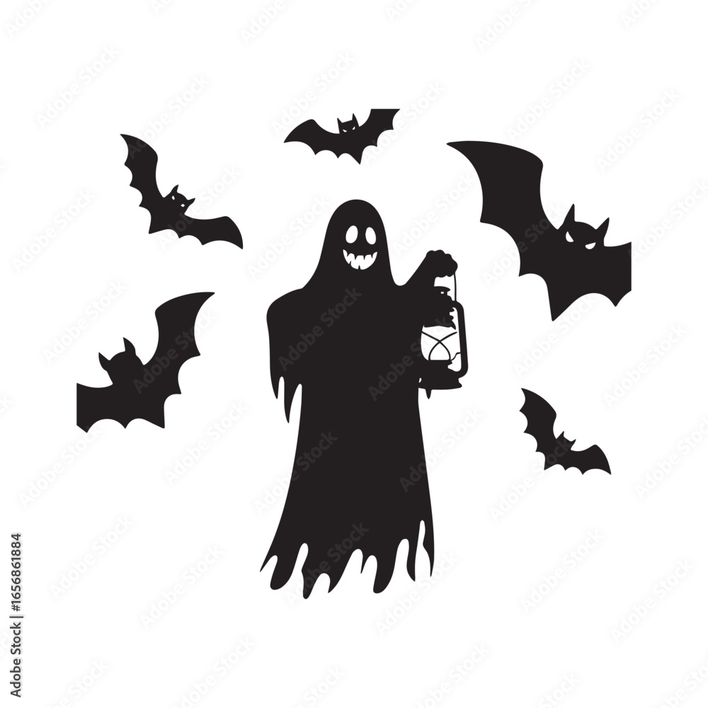 Fototapeta premium A spooky Halloween ghost holding a lantern in black silhouette, surrounded by bats on a white background. 