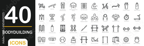 Set of 40 bodybuilding line icons including dumbbells, barbells, gym equipment, supplements, muscles, trophies, and workout poses. Perfect for fitness designs.