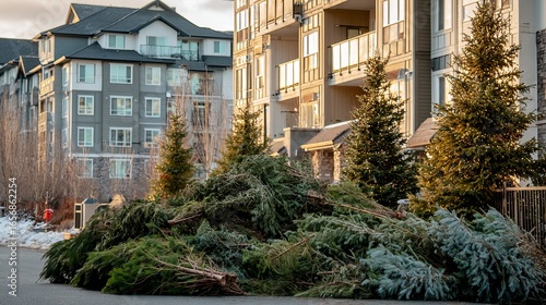 Discarded evergreen trees form a large pile in an urban neighborhood as residents clear out decorations after the festive season.