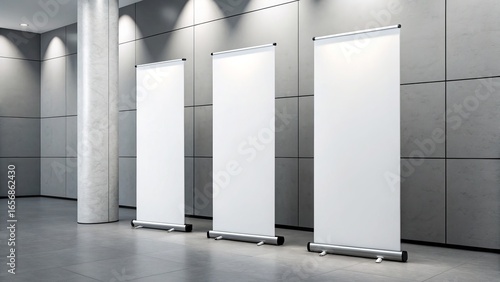 Wallpaper Mural Three roll up banner stands mockup in showroom with concrete wall and column Torontodigital.ca