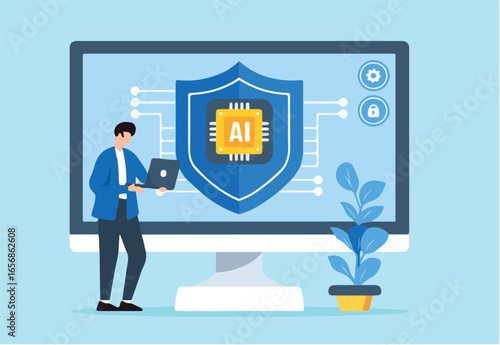 Flat illustration of man using ai for cybersecurity artificial intelligence in security and automating defenses