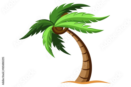 Vibrant cartoon palm tree swaying gently in a warm tropical breeze, perfect for summer vacation and paradise themed designs, evoking relaxation and fun