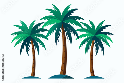 Vibrant trio of palm trees with lush green fronds evokes tropical paradise, perfect for summer vacation marketing, beach resorts, and island lifestyle branding.