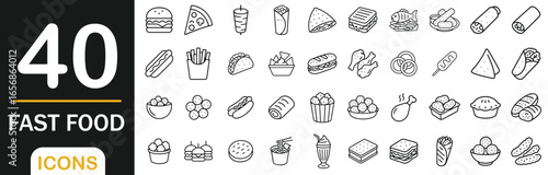 Set of 40 fast food line icons including burger, pizza, fries, hot dog, sandwich, soda, chicken, donut, taco, and more. Perfect for restaurant and menu designs.