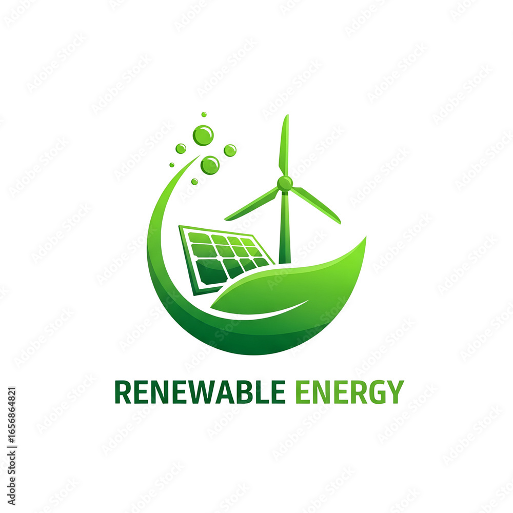 Obraz premium Green renewable energy logo with solar PNG file isolated on transparent background cut out clipping path social media, white background.