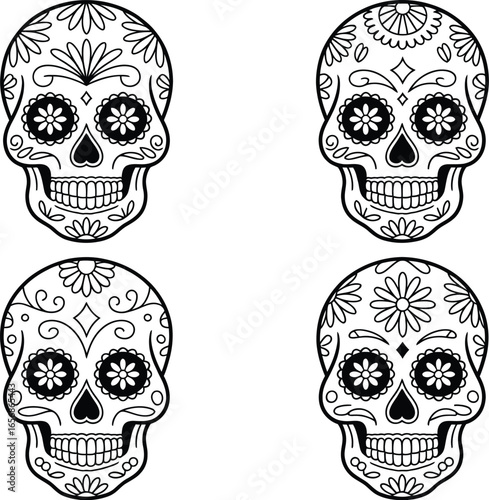 Four Intricate Black and White Sugar Skull Illustrations in a 2x2 Grid