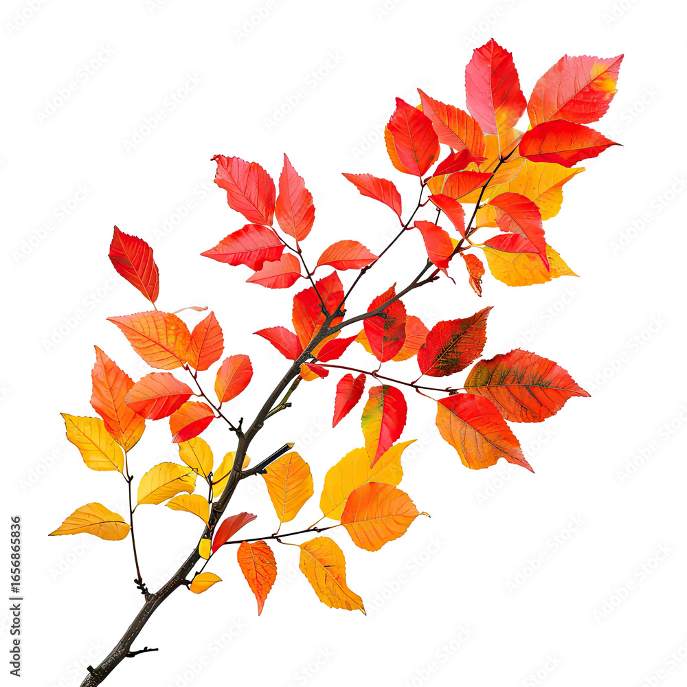 Naklejka premium Autumnal branch with vibrant, fall-hued leaves. A slender, dark-brown branch displays a cluster of leaves in shades of fiery orange, vibrant red, and warm yellow.
