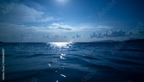 A tranquil, moonlight-drenched ocean scene under a vast, cloudy sky, showcasing the peaceful glow of the moon reflecting on the water's surface.