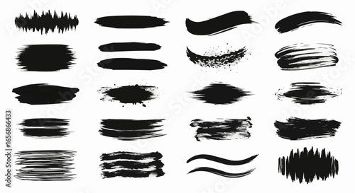 Ink paintbrush grunge texture silhouettes set. Dirty brush stroke shapes isolated on white background