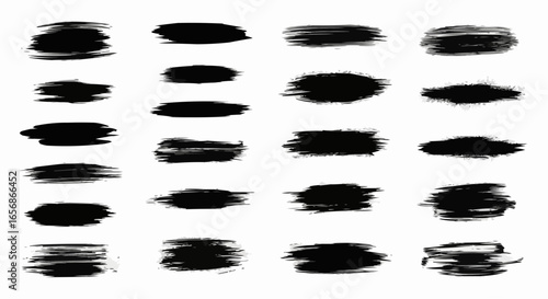Ink paintbrush grunge texture silhouettes set. Dirty brush stroke shapes isolated on white background