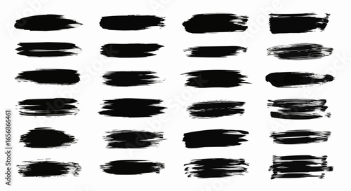 Ink paintbrush grunge texture silhouettes set. Dirty brush stroke shapes isolated on white background