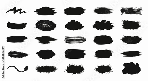 Ink paintbrush grunge texture silhouettes set. Dirty brush stroke shapes isolated on white background