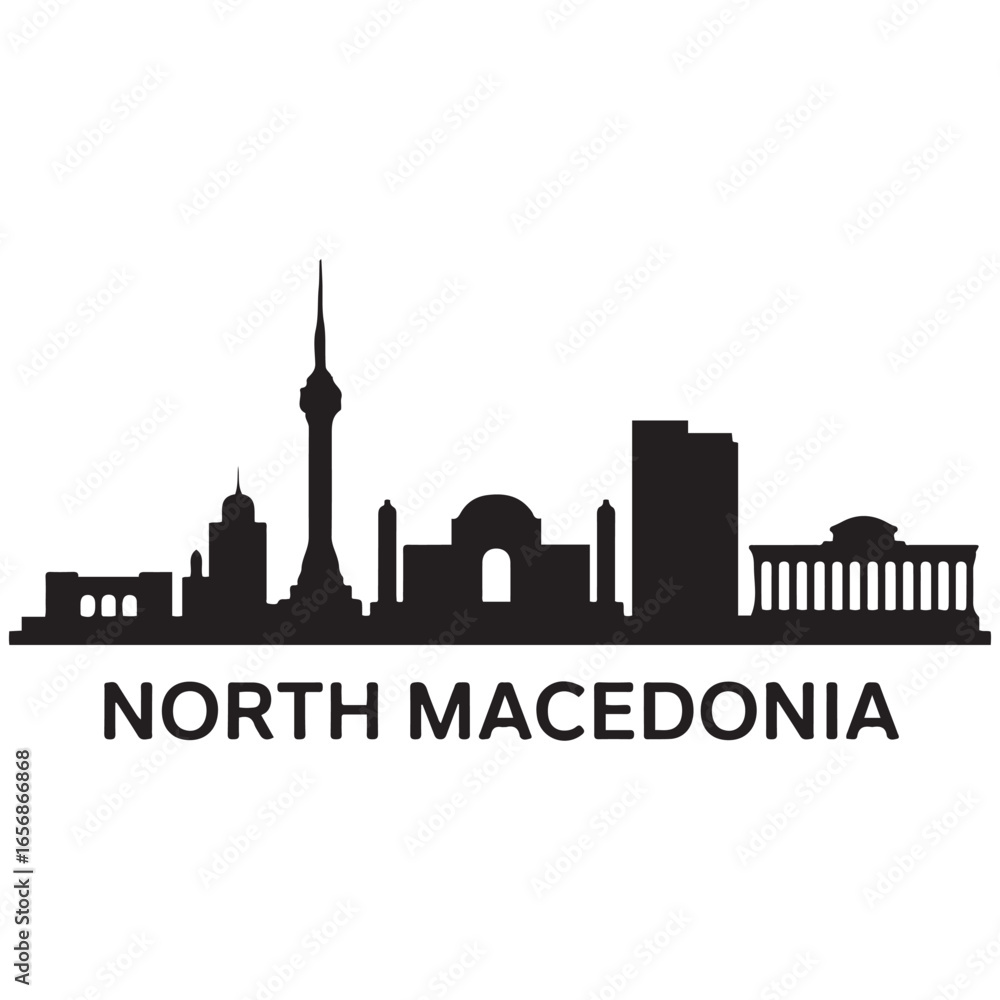 Fototapeta premium Vector North Macedonia skyline. Travel North Macedonia famous landmarks. Business and tourism concept for presentation, banner, web site. Vector black silhouette. with white background